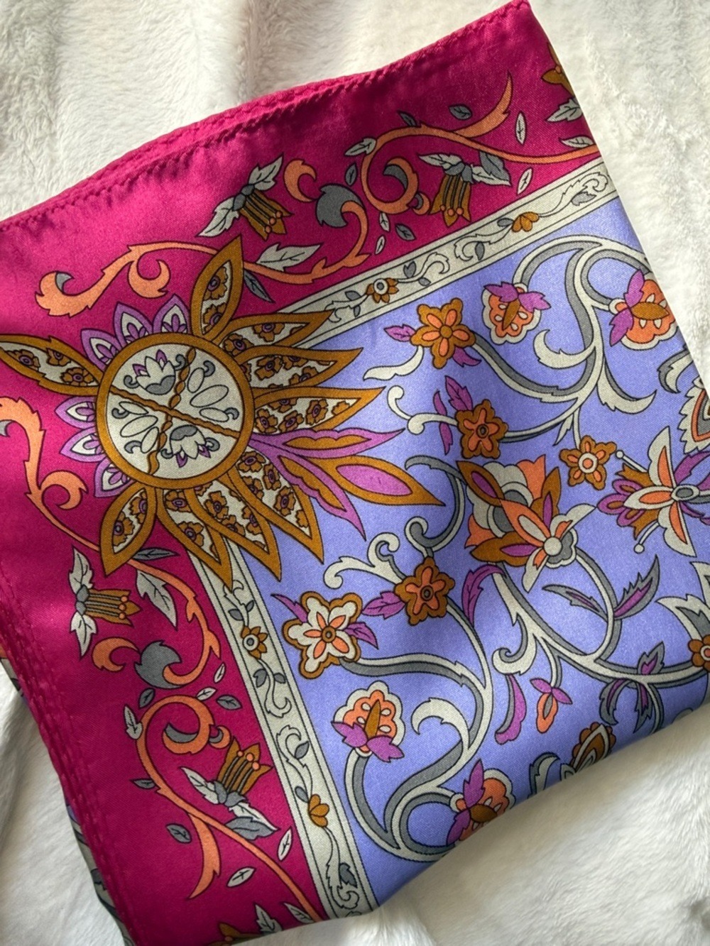 Silk-Feel Floral Paisley Scarf in Purple and Fuchsia - Picture 9 of 9